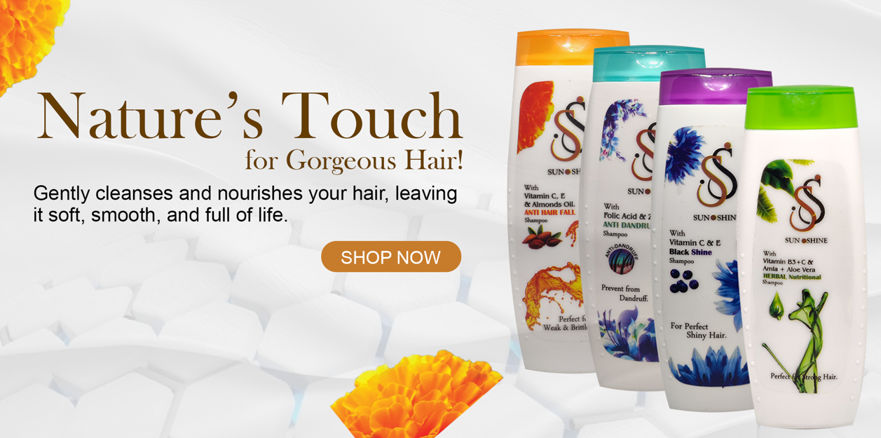 Shampoo bottles with colorful labels on a textured white background, promoting 'Nature's Touch' hair care products.